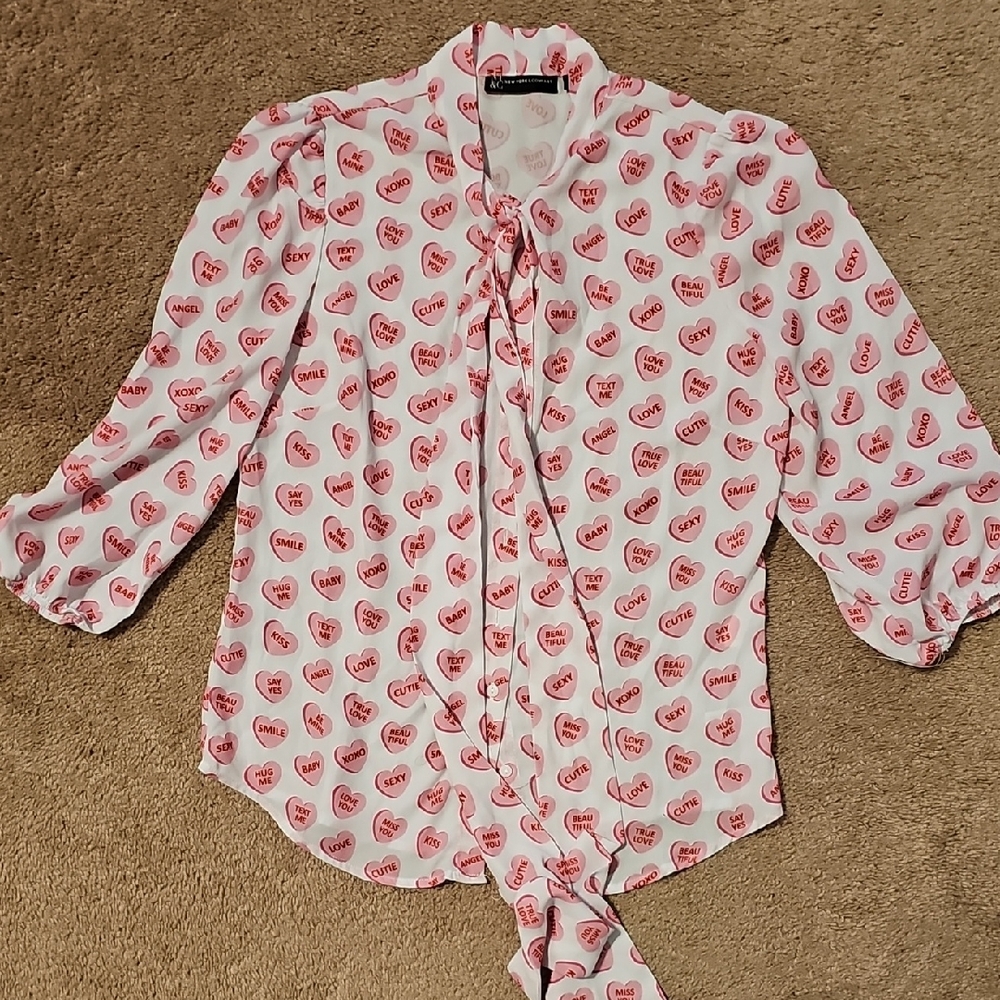 New York & Company Pink Heart Print Blouse
